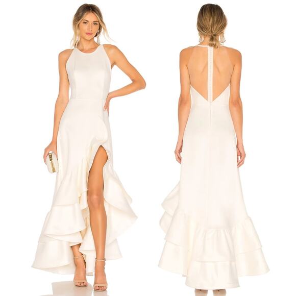 Bronx and Banco Paros Gown Silk Ruffle Hem Pearl Embellishments Bridal White XS